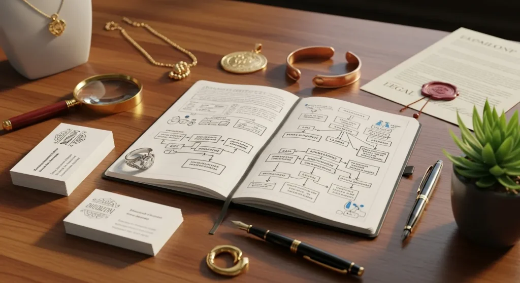 Formalização negócio joias artesanais, agenda com anotações e canetas, com um calendário aberto mostrando prazos e lembretes para tarefas burocráticas.