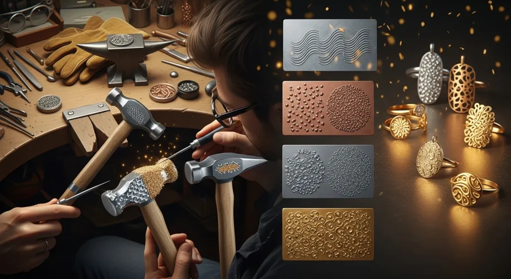 Martelagem em joalheria artesanal, pequenas chapas de metal exibem amostras de texturas únicas criadas com este martelo personalizado