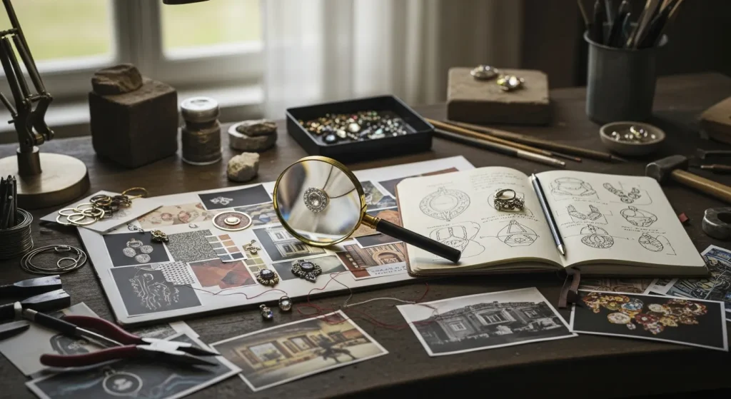 Criação autoral na joalheria artesanal, lupa examinando um mood board detalhado, destacando a análise de texturas, cores e formas para a criação de novas joias.
