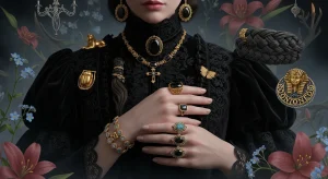 Detalhando a joalheria de luto da Era Vitoriana, com design intrincado, acabamento escuro e montagem em ouro ou prata.