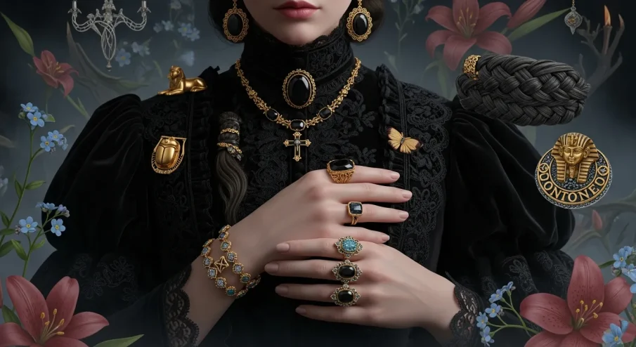 Detalhando a joalheria de luto da Era Vitoriana, com design intrincado, acabamento escuro e montagem em ouro ou prata.