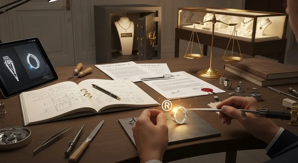 Proteção marca joias artesanais, caderno aberto com desenhos de joias datados, ao lado documentos digitais em pastas organizadas, simbolizando o "cofre de ouro intelectual" do artesão.