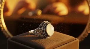 Joia personalizada com pátina natural, anel iluminado por luz, poeira e partículas simbolizando tempo e memórias de gerações em tons âmbar nostálgicos.