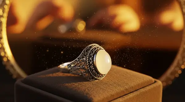 Joia personalizada com pátina natural, anel iluminado por luz, poeira e partículas simbolizando tempo e memórias de gerações em tons âmbar nostálgicos.