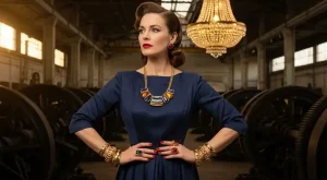 Mulher confiante dos anos 1950 com joias pós-guerra ousadas: anel de coquetel vibrante, pulseiras texturizadas e colar transformável. Fundo industrial com lustre de cristal simboliza resiliência feminina e reconstrução.