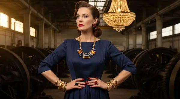 Mulher confiante dos anos 1950 com joias pós-guerra ousadas: anel de coquetel vibrante, pulseiras texturizadas e colar transformável. Fundo industrial com lustre de cristal simboliza resiliência feminina e reconstrução.