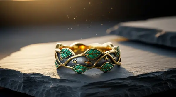 Joias que envelhecem com o tempo, joia artesanal de prata ou bronze com pátina rica em tons cinza, verde esmeralda e dourado, sobre superfície rústica, luz quente destacando detalhes filigranados e história do tempo.