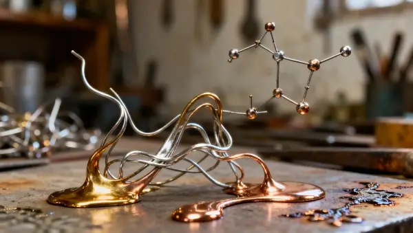 Fios quebrados remodelados em esculturas abstratas de filigrana joalheria artesanal, grânulos desalinhados como constelações em granulação, manchas de solda texturizadas e poças de metal fundido em formas elegantes na oficina artesanal.
