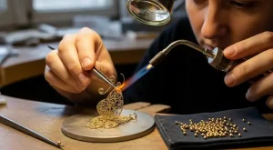 Artesão moldando fios finíssimos de filigrana e posicionando grânulos em joia artesanal com soldagem precisa, destacando renda metálica e brilho sutil em oficina tradicional.