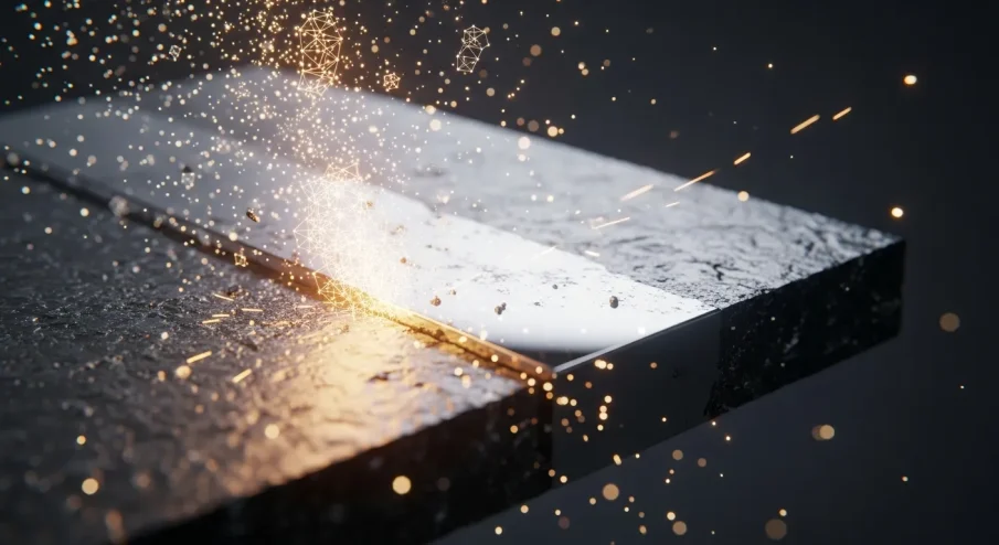 Close-up de uma peça de joia de metal precioso que está passando de um estado opaco para um brilho espelhado.
