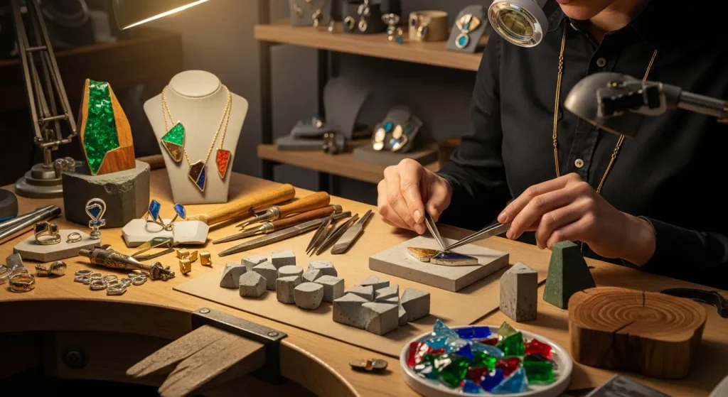 *Close-up* das mãos de um joalheiro artesanal tendências trabalhando meticulosamente em uma peça, combinando metal nobre polido com fragmentos de materiais não-convencionais como vidro reciclado, concreto pigmentado ou madeira estabilizada, utilizando técnicas de incrustação a laser ou colagem de alta precisão com resina epóxi.