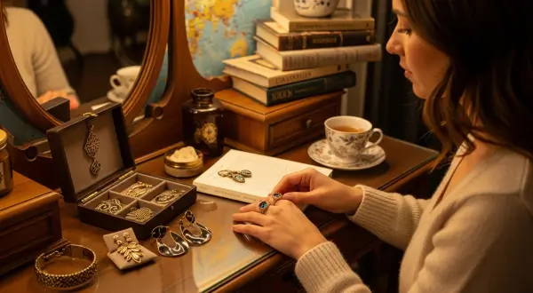 Joias Pós-Guerra, mulher em celebração pessoal com joia talismã: anel único de gema vibrante na penteadeira vintage, caixa de joias abertas e elementos de jornada como mapa e livros, simbolizando autoconquista feminina.