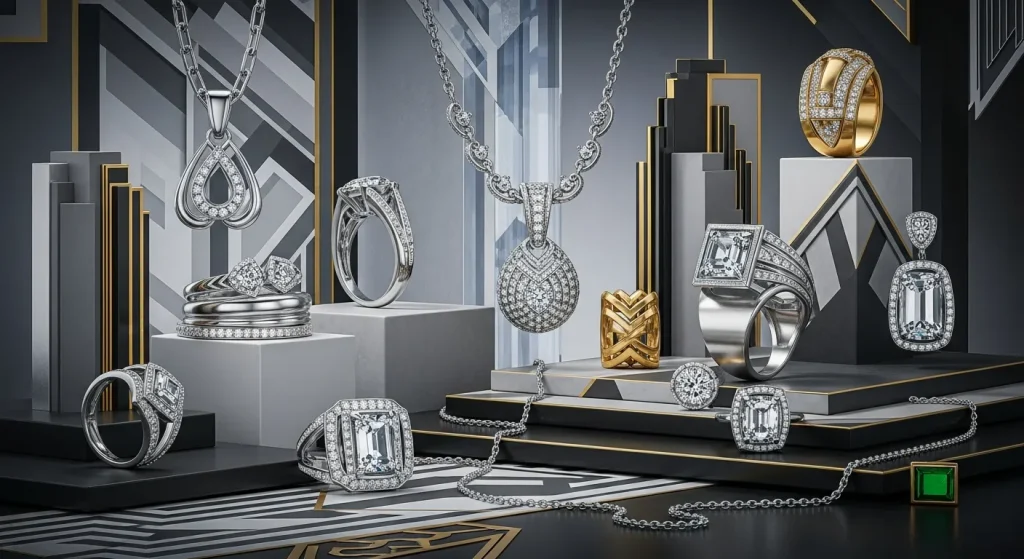 Joalheria Art Déco, anéis empilhados de ouro branco ou prata banhada a ródio com diamantes lapidação esmeralda, mostrando engastes minimalistas que replicam o brilho da platina e a estética Art Déco em joias contemporâneas e acessíveis.