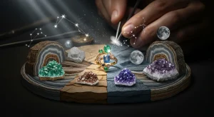 Composição artística que narra a jornada de minerais brutos como cristais e ouro nativo, transformados em uma joia personalizada com pedras preciosas, simbolizando a história geológica da Terra e a conexão profunda com a joalheria artesanal e o significado pessoal.