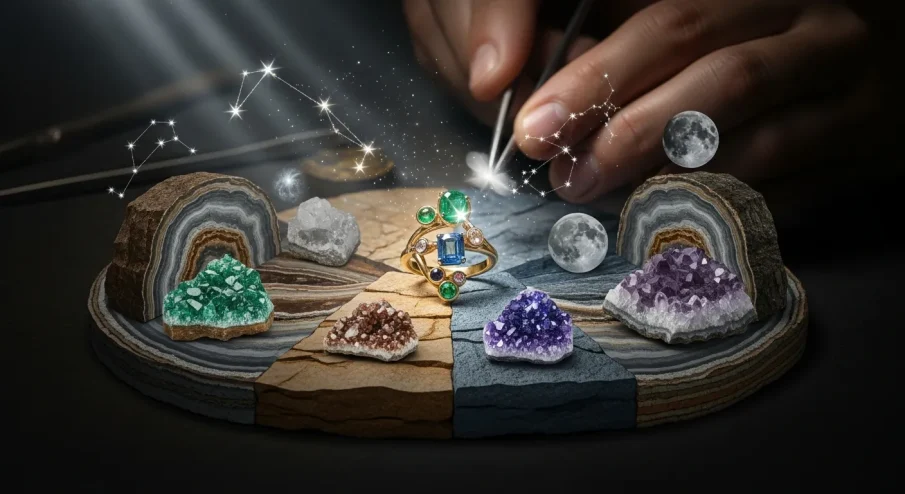 Composição artística que narra a jornada de minerais brutos como cristais e ouro nativo, transformados em uma joia personalizada com pedras preciosas, simbolizando a história geológica da Terra e a conexão profunda com a joalheria artesanal e o significado pessoal.