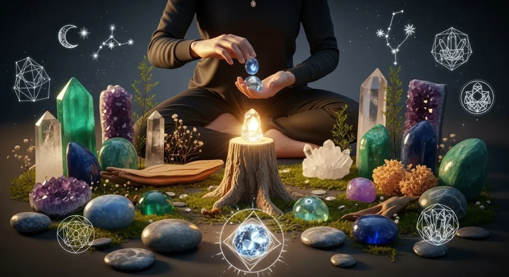  História geológica de joias, ilustrando a escolha consciente de pedras com base em sua vibração, durabilidade (escala Mohs) e origem ética para joias personalizadas.