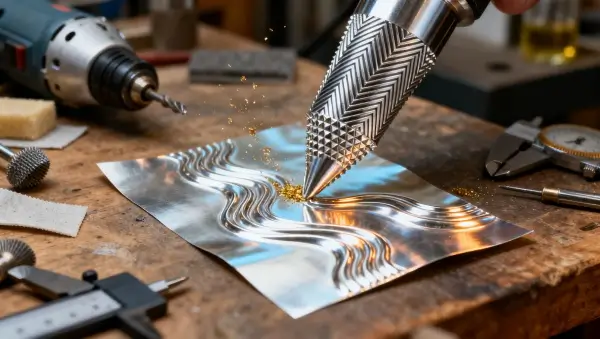 Estacas para repuxamento, estaque de aço 1045 com padrões geométricos gravados a diamante, transferindo texturas para uma chapa de prata durante o repuxamento.