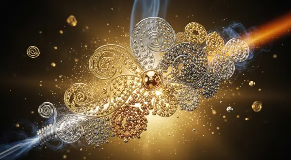 Esmaltagem cloisonné, close-up conceitual de uma joia artesanal exibindo fios de filigrana ultrafinos e minúsculos grânulos de ouro soldados, criando padrões de renda metálica em um ambiente onírico e luminoso.