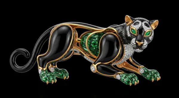 Joias icônicas da história, broche escultural de onça-pintada em ônix negro com olhos de esmeralda, inspirada no estilo René Lalique.