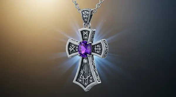 Joias icônicas da história, pingente de cruz etíope assimétrica em prata e ródio negro com ametista central pulsando luz roxa e runas brilhantes.
