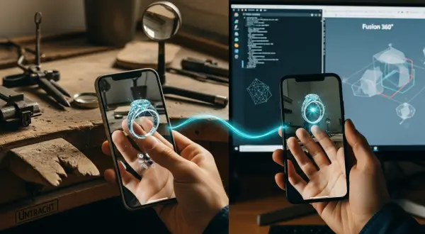 Joalheria artesanal sustentável, uma mão segura um anel de prata física enquanto um smartphone sobreposto mostra a versão digital da joia em realidade aumentada com brilhos ciano. Ao fundo, um monitor exibe um software de design 3D.