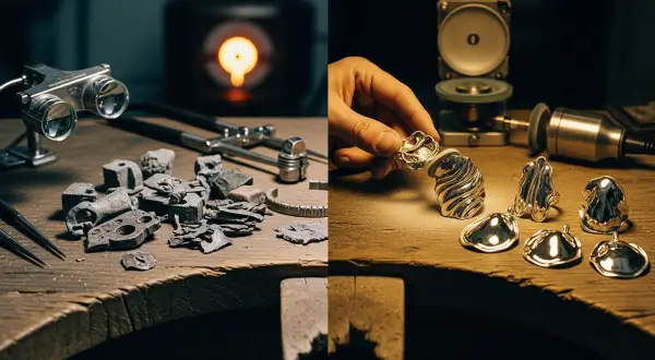 Joalheria artesanal sustentável, imagem dividida verticalmente: à esquerda, sucatas de metal oxidadas e ferramentas sob luz fria; à direita, uma mão segura uma joia de prata polida com formas orgânicas de folha sob luz dourada quente.
