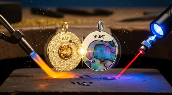 Tendências joalheria artesanal 2026,
pingente circular reversível em dupla exposição mostrando o lado "Dia" em ouro martelado e o lado "Noite" com madrepérola iridescente e polimento espelhado.