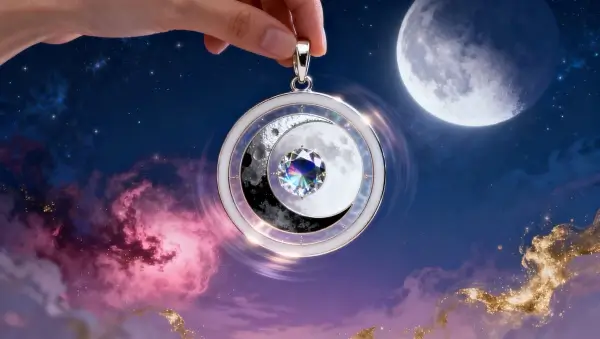 Joias com birthstones personalizadas, pingente circular em ouro branco representando fases lunares com esmalte cloisonné.