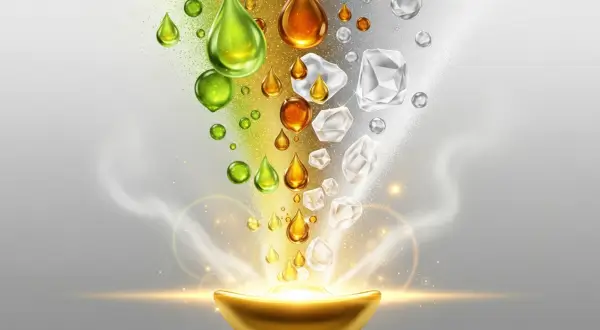 Sustentabilidade na joalheria, ilustração de gotas de limão verde-limão, cristais de sal e pó de farinha flutuando e envolvendo um metal fundido central em um laboratório alquímico limpo.
