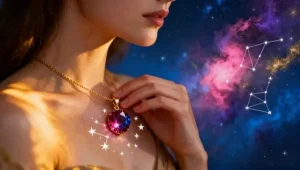 Uma mão delicada segura um pingente reversível de ouro 14K em movimento de rotação. O pingente possui duas faces: uma com um rubi vermelho vibrante e outra com uma pedra da lua azulada. O fundo é dividido entre um céu de pôr do sol alaranjado e um céu noturno azul profundo com uma lua crescente.