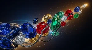 Joias icônicas da história, composição fluida de safiras, rubis, esmeraldas e diamantes flutuando em trajetória diagonal inspirada em Lalique.