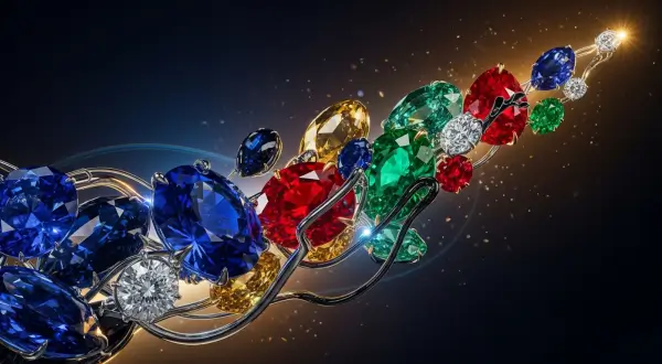 Joias icônicas da história, composição fluida de safiras, rubis, esmeraldas e diamantes flutuando em trajetória diagonal inspirada em Lalique.