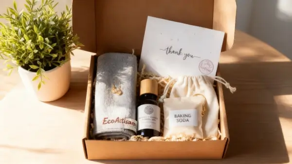 Caixa aberta de papel kraft reciclado com kit Joalheria sustentável: pano de algodão orgânico, sabão biodegradável, papel semente, saquinho com joia e enchimentos ecológicos, sobre madeira com planta.