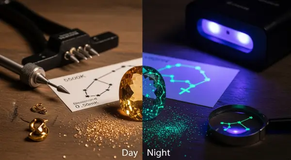 Tendências joalheria artesanal 2026, 
topázio imperial em dupla exposição: à esquerda em tom dourado natural e à direita sob luz UV revelando uma constelação fluorescente gravada no verso.