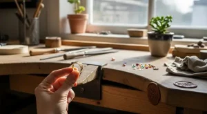 Mão feminina segurando joia de ouro reciclado em atelier sustentável, com ferramentas artesanais, pedras éticas e luz natural do amanhecer.