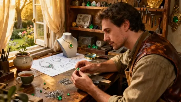Joalheiro artesanal debruçado sobre bancada em atelier iluminado por luz dourada, com ferramentas antigas, protótipo 3D, esboços e gemas; fusão de técnicas clássicas e modernas com vista para jardim