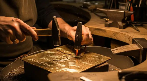 Forjamento na joalheria artesanal, mãos de joalheiro empunhando martelo especializado sobre chapa de metal com padrões de ondas orgânicas e relevos controlados.