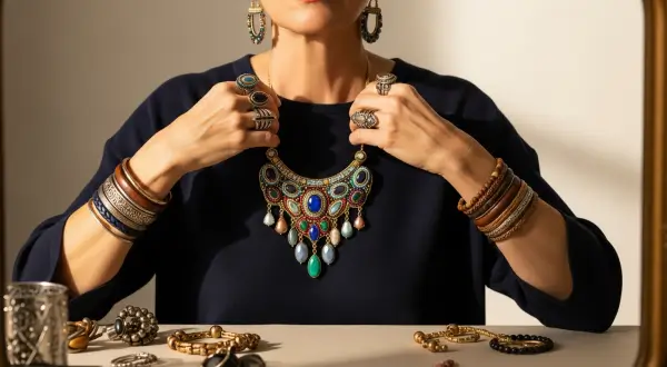 Mulher confiante ajustando colar statement, brincos assimétricos, pulseiras mistas e anéis empilhados de joias artesanais em espelho vintage, com luz suave destacando reflexos metálicos e gemas coloridas.