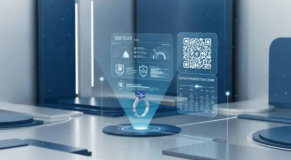 Rastreabilidade de joias sustentáveis, anel joia sustentável com QR code holográfico: rastreabilidade blockchain, coordenadas origem, impacto ambiental, certificações éticas e cadeia produção, transparência DPP para luxo consciente.