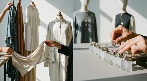 Joalheria artesanal sustentável, composição editorial em um estúdio minimalista mostrando mãos de um designer de moda e de um joalheiro trabalhando juntos. À esquerda, tecidos jeans e linho; à direita, bases de joias modulares de vidro fosco e prata.