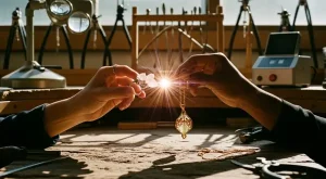 Joalheria artesanal sustentável, close-up de duas mãos de diferentes tons de pele sobre uma bancada de madeira rústica, segurando um anel de prata com quartzo rosa e um pingente de ouro que se tocam, criando um feixe de luz brilhante no centro.