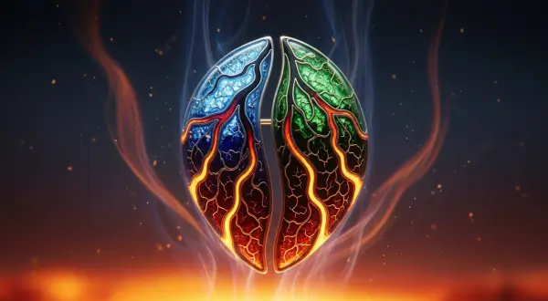 Joia de esmaltagem cloisonné em um cenário vulcânico, onde fissuras no esmalte azul e verde brilham como veias de lava incandescente, transformando uma imperfeição técnica em um padrão orgânico.
