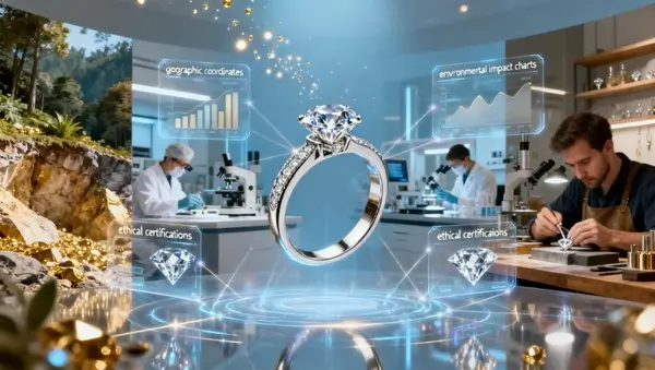 Joia sustentável flutuando com hologramas de rastreabilidade: origem ética, blockchain, impacto ambiental e cadeia de produção de mina a atelier, tecnologia para transparência em joias.