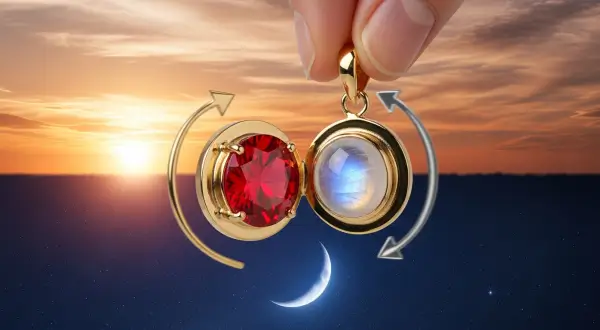 Joias com birthstones personalizadas, jóia reversível com citrino laranja fogo e opala com flashes galácticos internos.