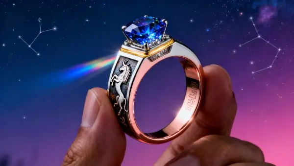 Joias com birthstones personalizadas, anel de platina com gema azul e glifo zodiacal em alto relevo com oxidação seletiva.