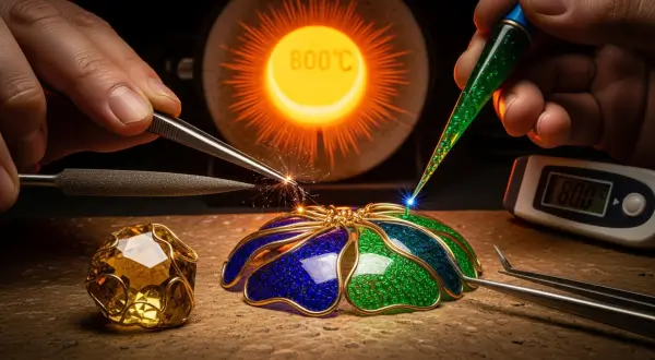 Tendências joalheria artesanal 2026, fotografia macro de fios de ouro ultra-finos soldados em padrões orgânicos sobre base de ouro. Uma pipeta deposita esmalte azul safira líquido em células de cloisonné. Ao fundo, um forno mufla brilha em laranja intenso.