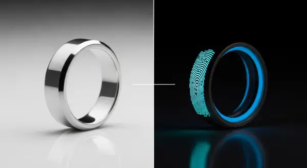 Joias gravadas com DNA, composição dividida mostrando um anel de platina minimalista sob luz natural à esquerda e o mesmo anel sob luz UV à direita, revelando uma impressão digital fluorescente no interior.
