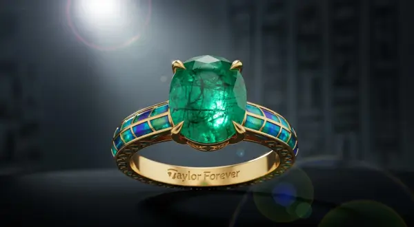 Joalheria Hollywood 1950s, macro extrema de um anel solitário com esmeralda colombiana cabochão, aro em ouro 14k com detalhes em esmalte cloisonné iridescente e gravação interna "Taylor Forever".
