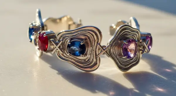 Jóias talismãs personalizadas, pulseira de prata 925 com elos orgânicos e pedras de rubi, safira e ametista sobre base de mármore branco texturizado.