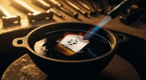 Close-up de um bowl de ferro fundido contendo breu viscoso e brilhante com uma peça de prata 925 parcialmente submersa sob luz dourada.